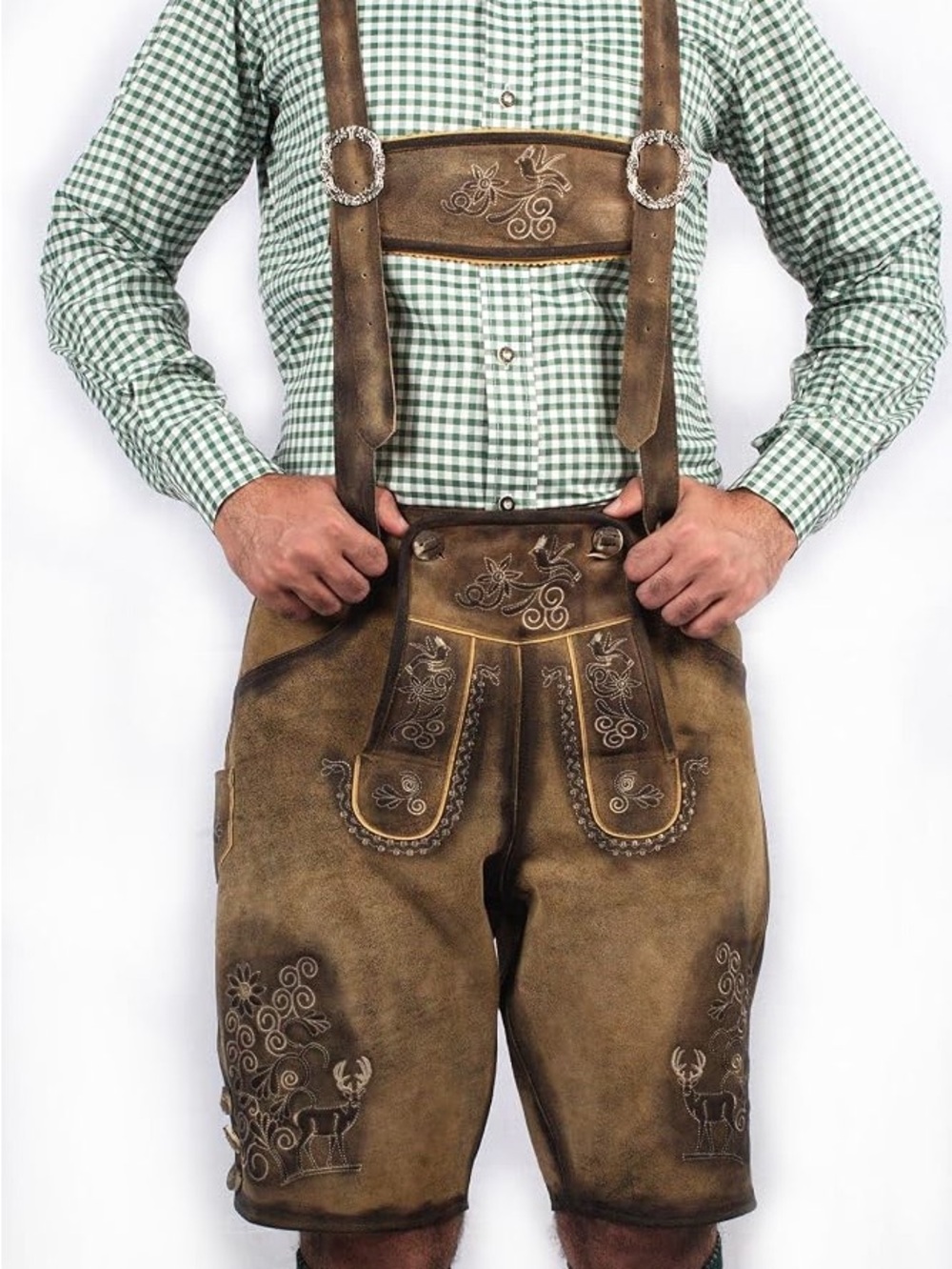 Vintage Distressed Lederhosen Bavarian Leather Suede Shorts with Embroidery
